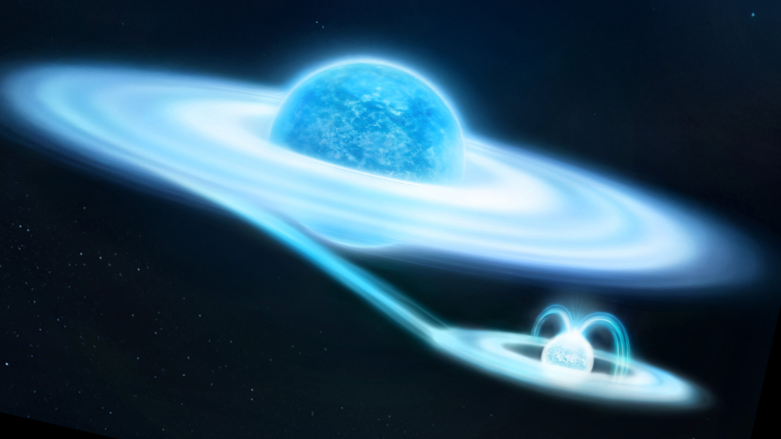 A bright blue glowing orb surrounded by a glowing disk. A smaller ice-blue orb is next to it with a similar disk. They're connected by a line of the same color.