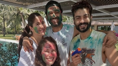Katrina Kaif was all smiles as she celebrated Holi with Vicky, Sunny and Isabelle.