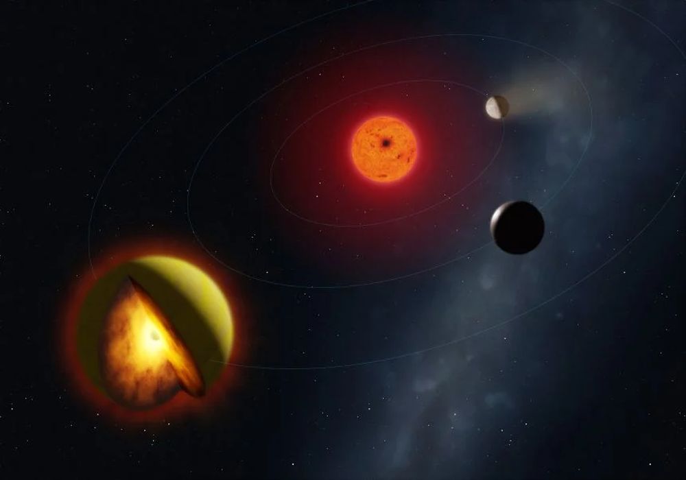 This artist's illustration shows the sulphur-rich exoplanet L 98-59 d orbiting its red dwarf star about 35 light-years away. The unusual planet could represent an entirely new class of exoplanet. Its high sulphur content keeps it in a molten state. Image Credit: Mark A. Garlick / markgarlick.com