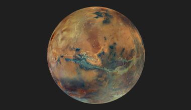 Global view of Mars showing major surface features, illustrating research on how the planet’s gravity may influence Earth’s ice age timing.