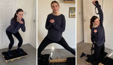 Collage of three images of woman exercising at home platform