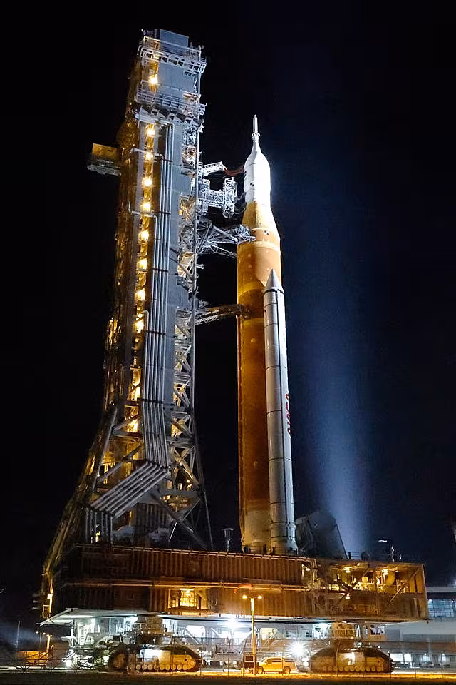 The Nasa Artemis II rocket is rolled to a launch pad at the Kennedy Space Centre 