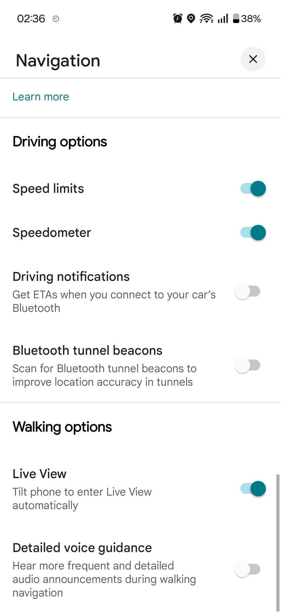 The Navigation settings in Google Maps.