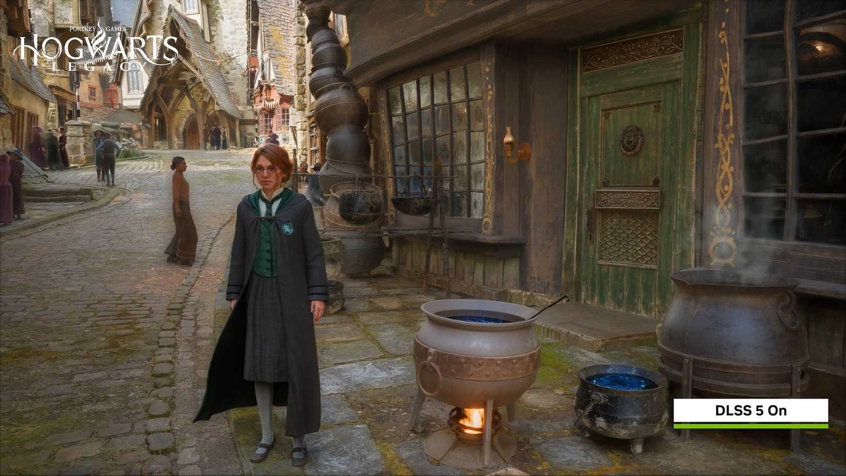 A screenshot of the game Hogwarts Legacy with DLSS 5 running.