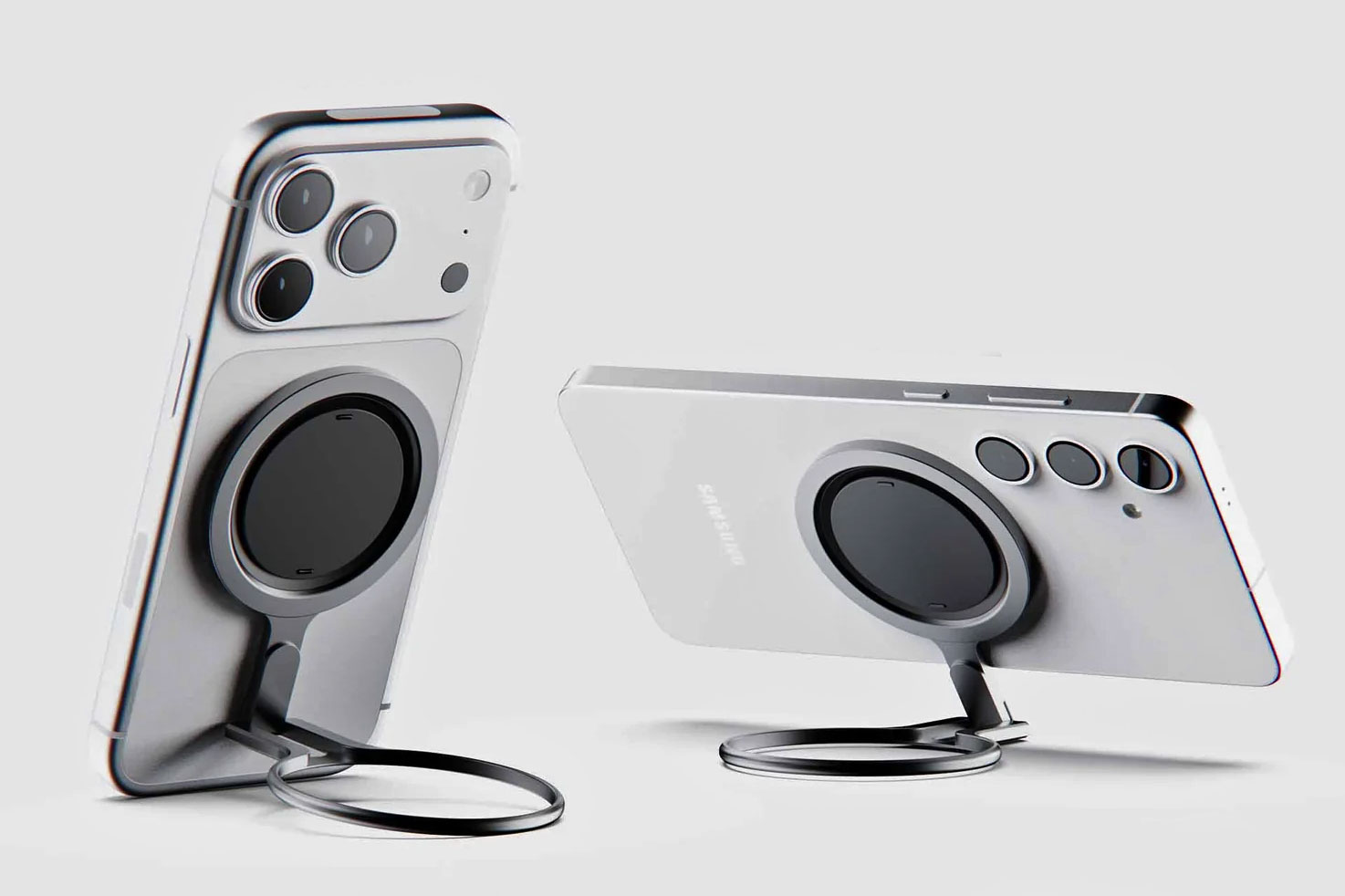 Two smartphones with OhSnap’s grip stand attached.