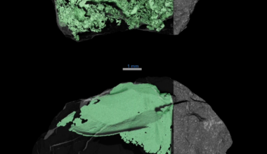 X-ray computed tomography scans of asteroid samples show both their exterior and interior. The outside is a dark gray, rocky surface speckled with white dots, The inside is colored green here, revealing networks of cracks within the sample. At top, the cracks create peaks and valleys, which make the inside look like a topographical map.