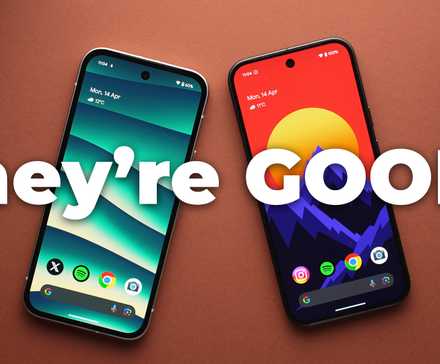 Two Google Pixel phones side by side with colorful home screens and bold text reading 