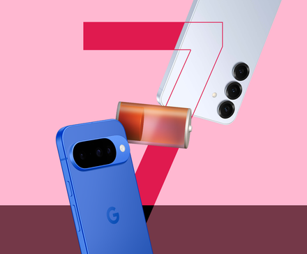 Pixel and Galaxy phones floating around a large red number 7 with a depleting battery icon.