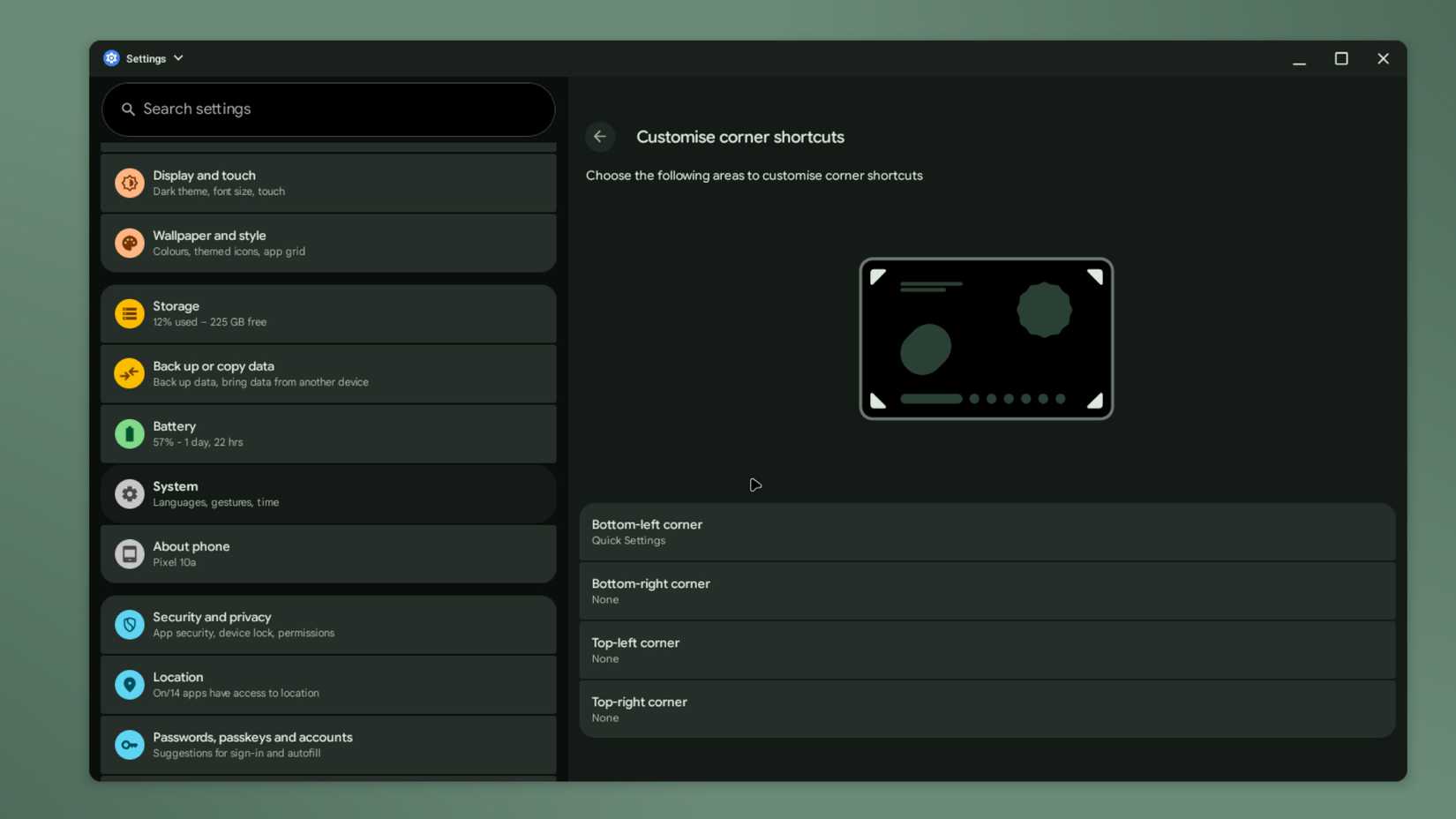 Corner shortcuts customization screen for desktop mode navigation gestures