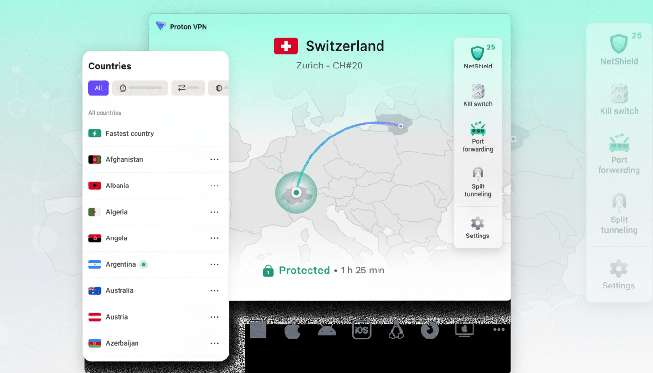 A screenshot of the Proton VPN app interface, showing a map of Europe with a connection routed through Switzerland, and a list of countries for VPN connection.