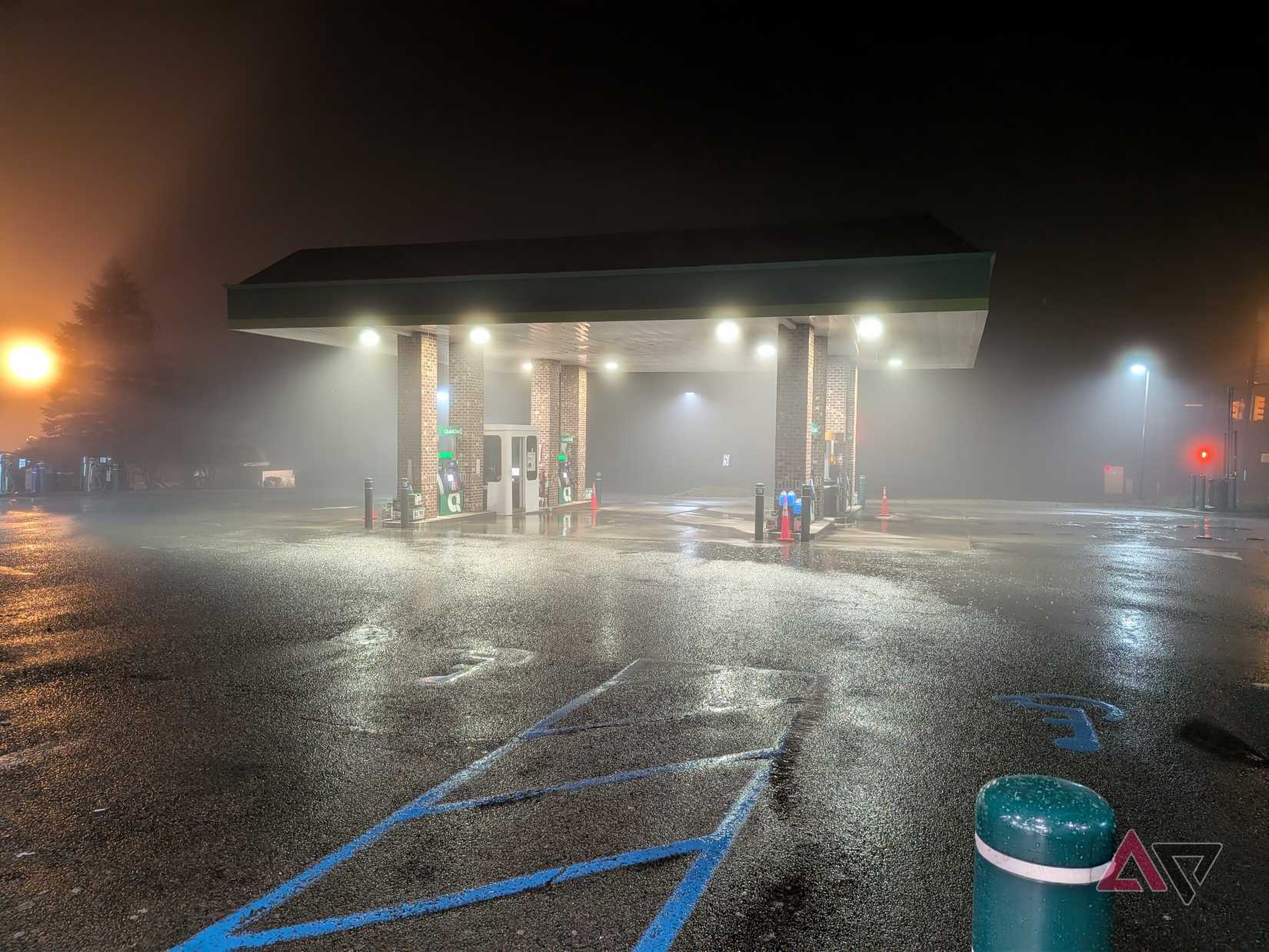 Photo of a gas station taken with Night Sight on the Pixel 10a
