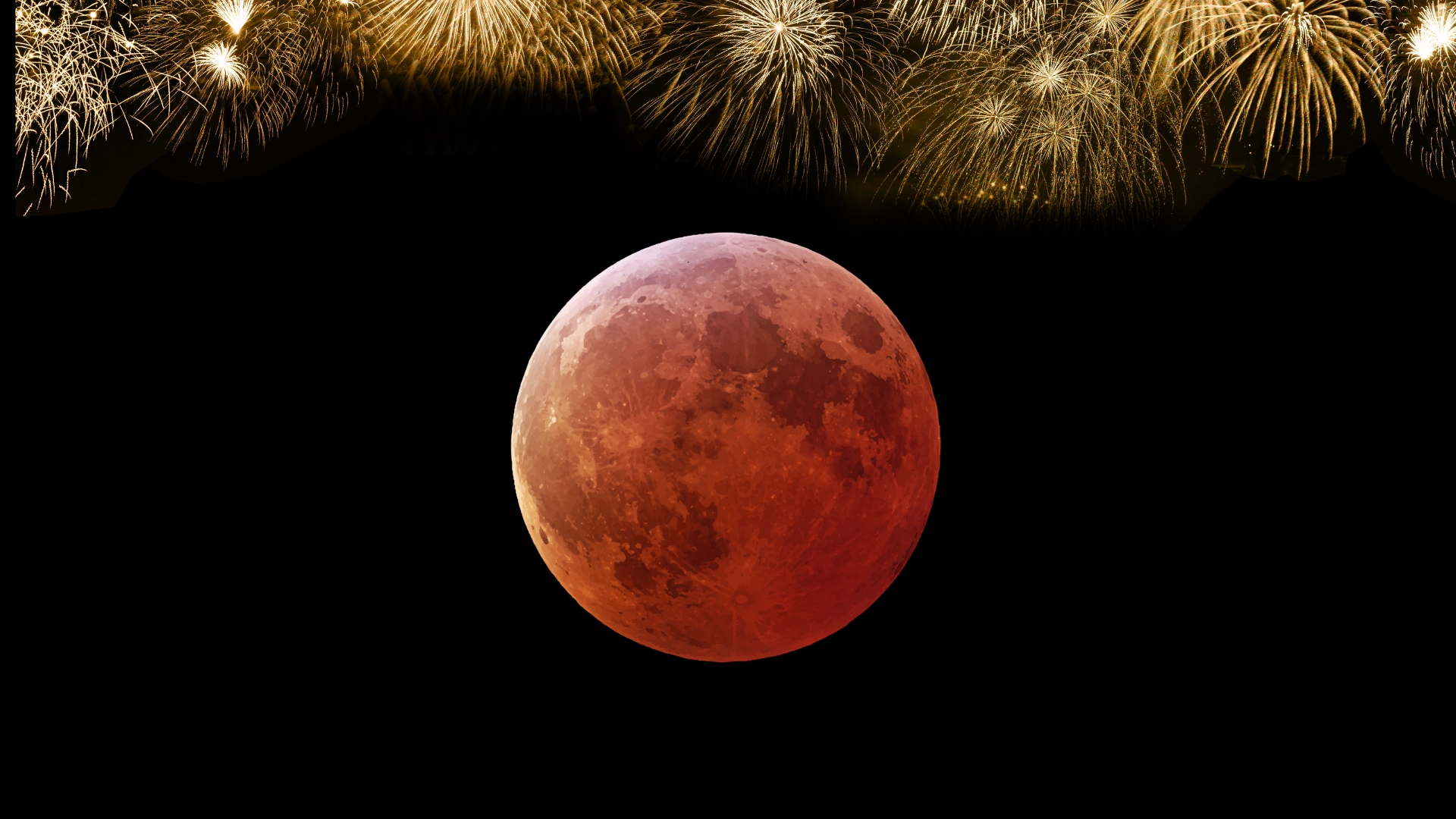 close up view of a blood red moon during total lunar eclipse and above is golden fireworks symbolizing new year's eve.