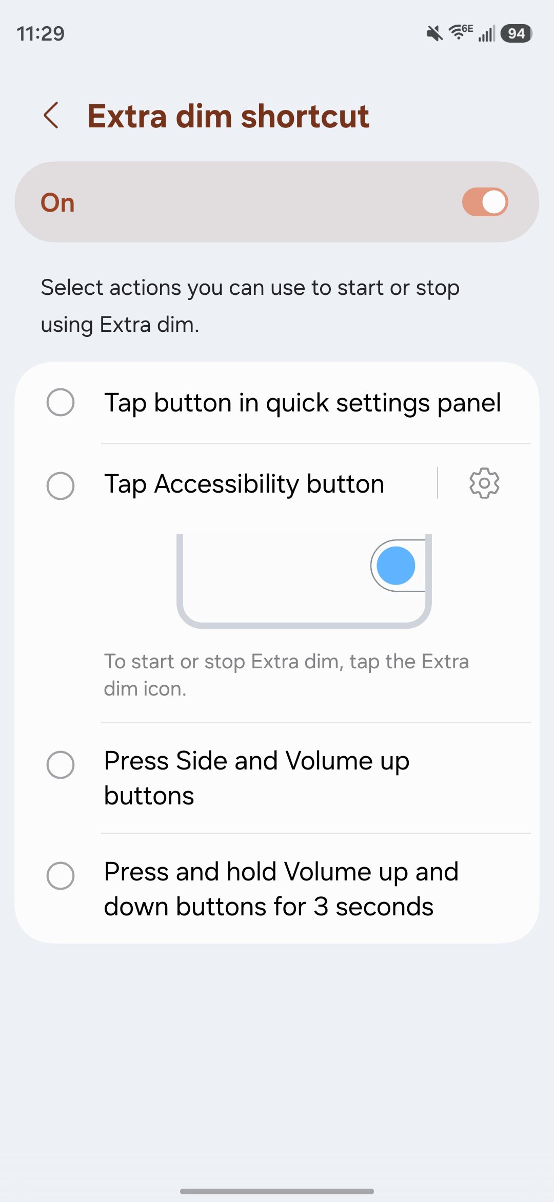 Screenshot of extra dim display settings on a Samsung phone.