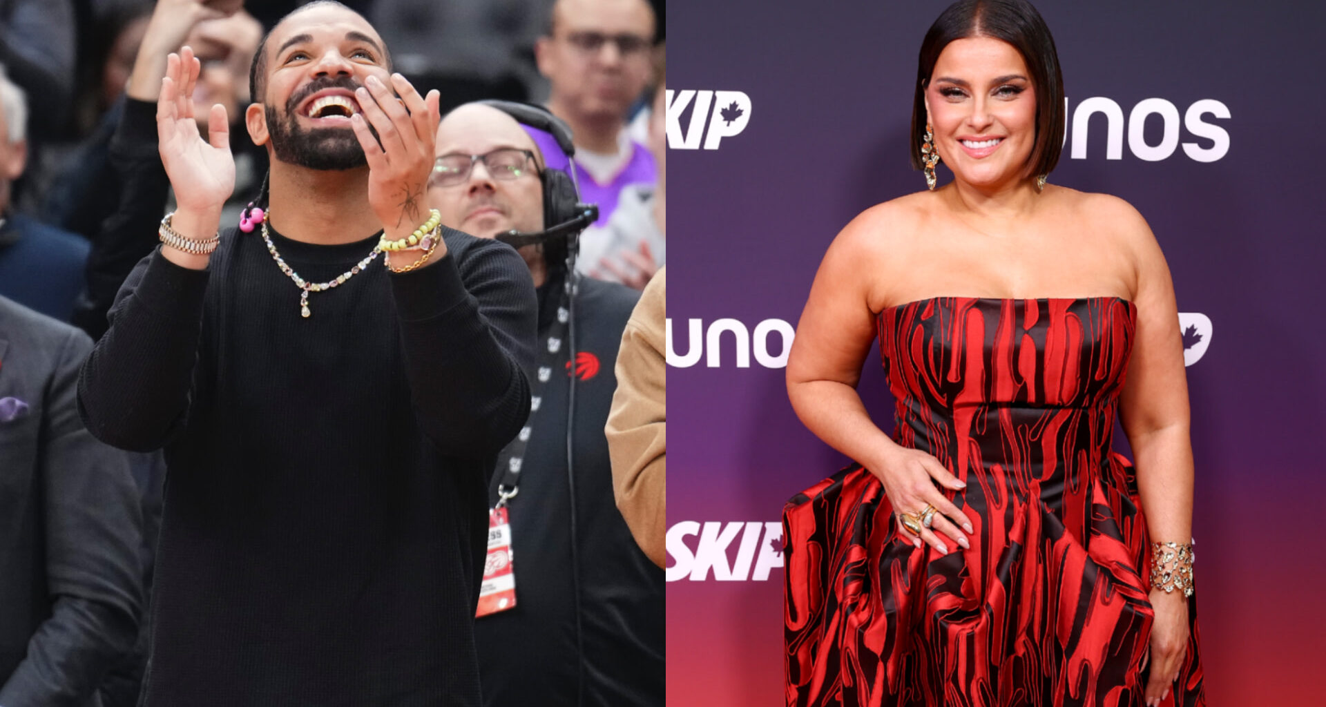 Drake clapping at a sports event; Nelly Furtado in a red and black dress on a red carpet.