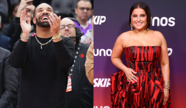 Drake clapping at a sports event; Nelly Furtado in a red and black dress on a red carpet.