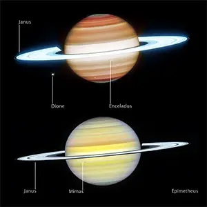 Complementary views of Saturn from NASA’s James Webb Space Telescope and Hubble Space Telescope show a dynamic planet with atmospheric features, orbiting moons, and bright rings. Image credit: NASA, ESA, CSA, STScI, Amy Simon (NASA-GSFC), Michael Wong (UC Berkeley); Image Processing: Joseph DePasquale (STScI)