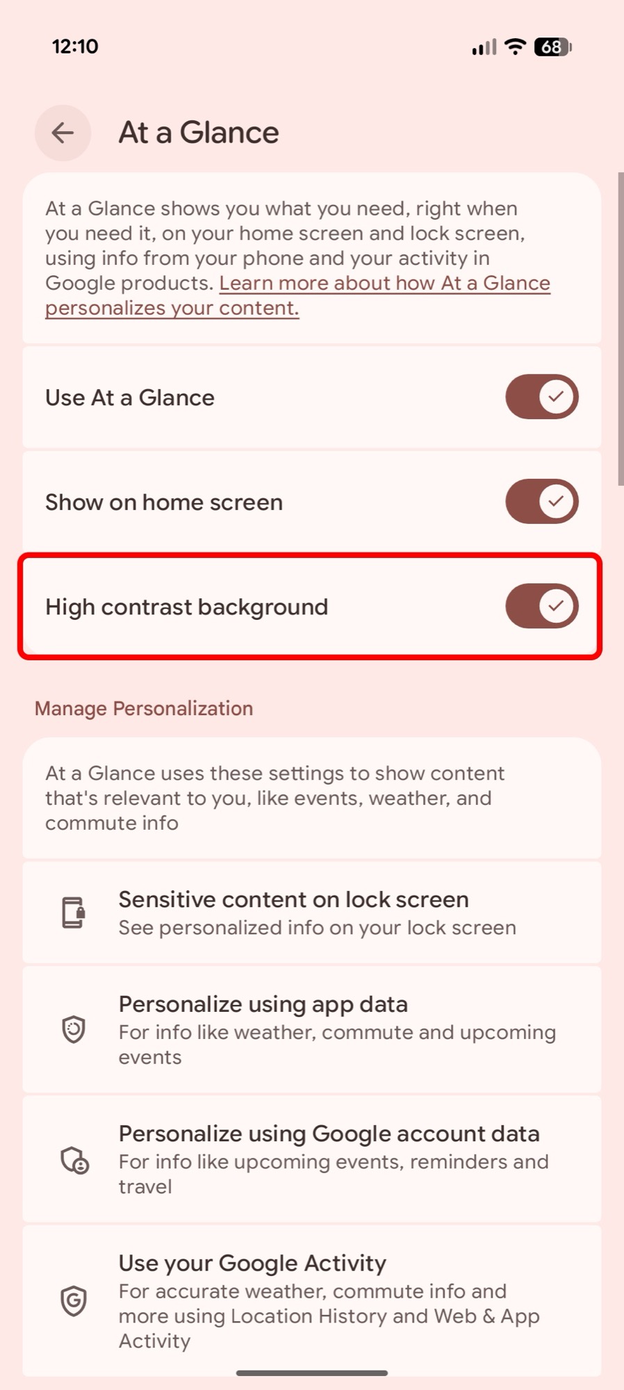 screenshot android 16 qpr3 at a glance high contrast setting