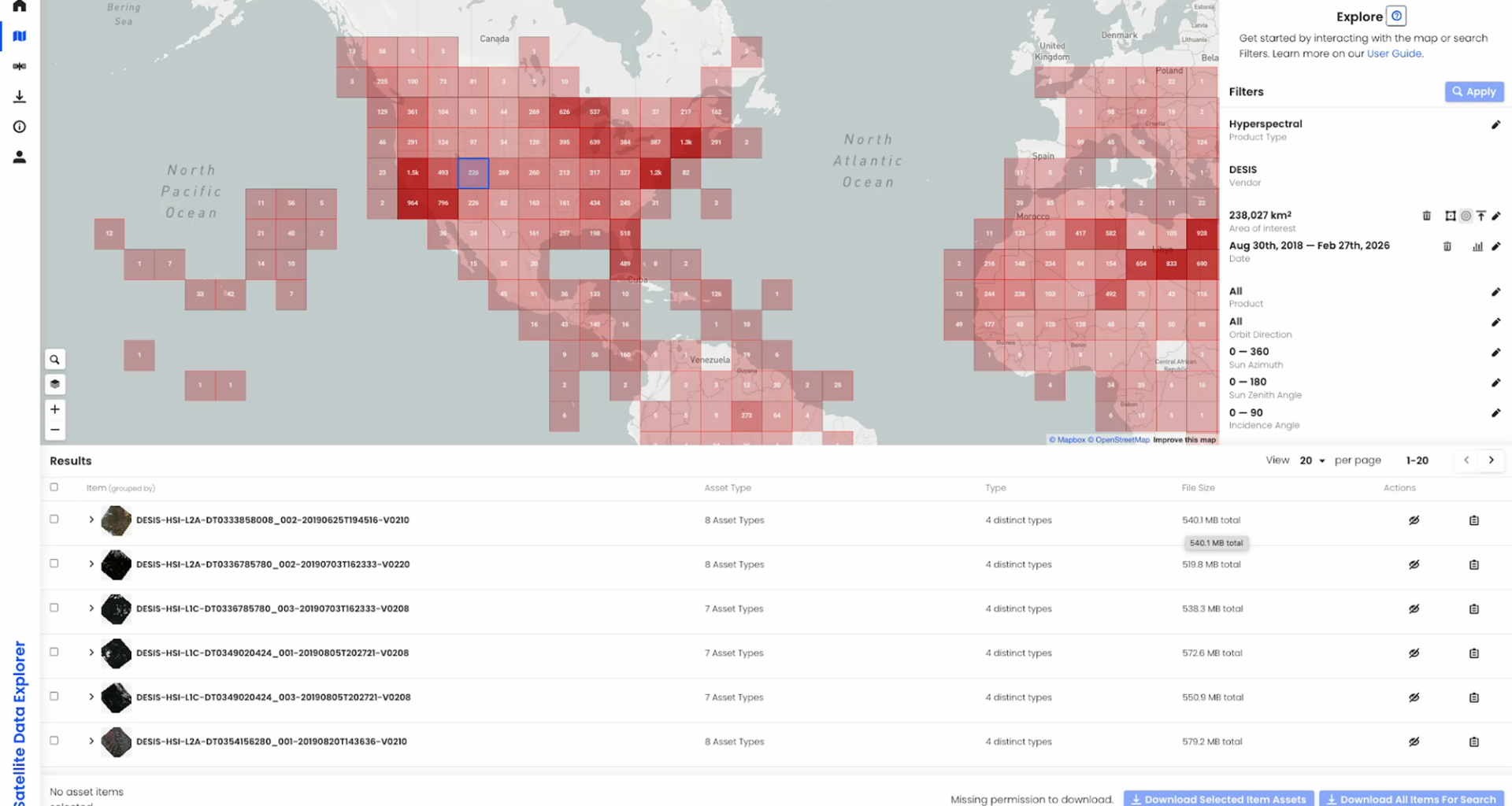 A screen capture of the Satellite Data Explorer interface showing the users search parameters, amount of available imagery, and thumbnail images available in the system.