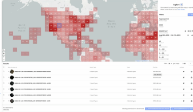 A screen capture of the Satellite Data Explorer interface showing the users search parameters, amount of available imagery, and thumbnail images available in the system.