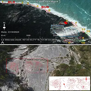 Aerial image of the studied La Vela area on the steep northeastern limb of the Monte Cònero anticline. Dashed red lines along the coast indicate measured and sampled stratigraphic sections. The yellow numbers indicate sites where the bedrock formations were inspected and measured along the beach. Credit: ScienceDirect