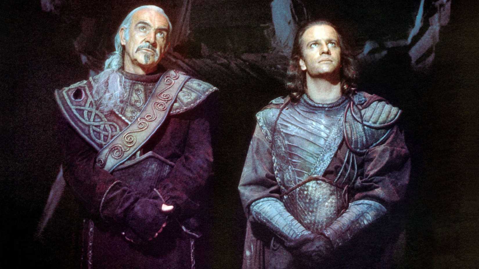 Sean Connery as Juan standing with Christopher Lambert as Connor MacLeod in Highlander II