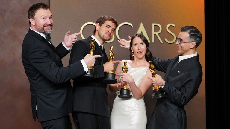 Jack Piatt and Sam A Davis, Natalie Musteata and Alexandre Singh, tied winners of live action short. Pic: Jordan Strauss/Invision/AP