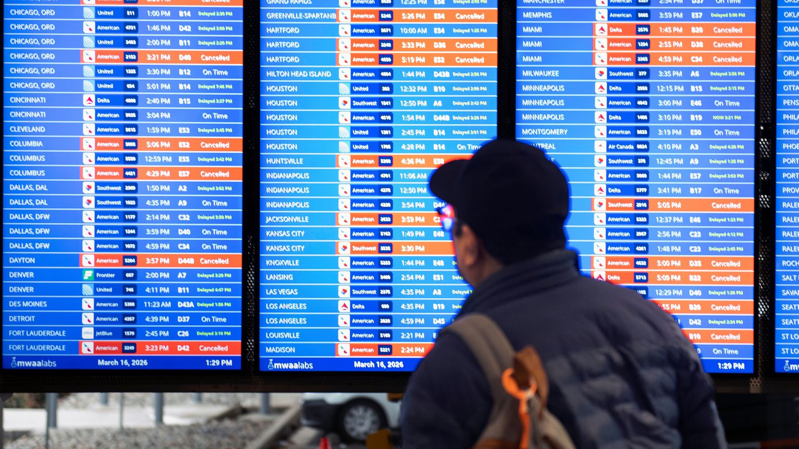 A man checks an arrivals board at Ronald Reagan National Airport in Arlington, Virginia, that shows several cancelled flights. Pic: AP
