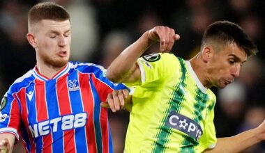 Adam Wharton (left) battles for the ball during Crystal Palace's 0-0 draw with AEK Larnaca