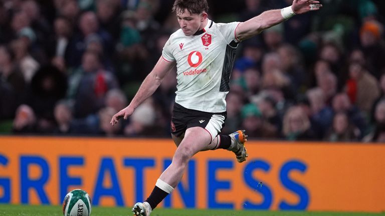 Wales' Dan Edwards kicks a conversion during the Guinness Men's Six Nations Aviva Stadium, Dublin.