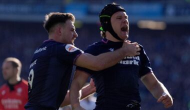 Scotland's Darcy Graham (right) celebrates with Ben White (left) after scoring a try during the Guinness Men's Six Nations