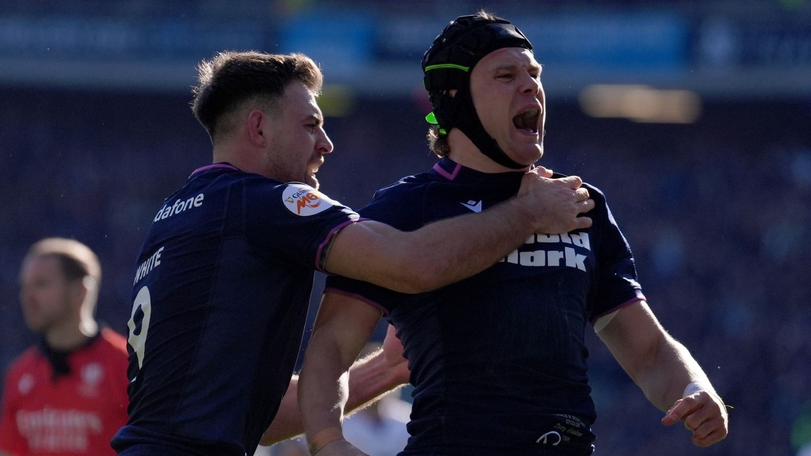 Scotland's Darcy Graham (right) celebrates with Ben White (left) after scoring a try during the Guinness Men's Six Nations