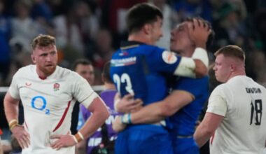 England's players stand on the pitch at the end of the Six Nations rugby union match between Italy and England in Rome, Saturday, March 7, 2026. (AP Photo/Gregorio Borgia)