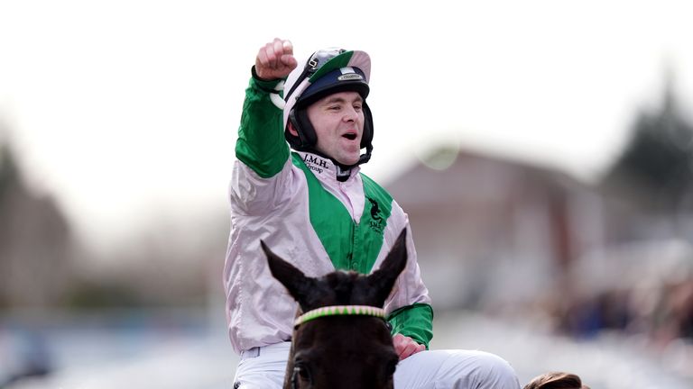Jonjo O'Neill Jr celebrates after Wilful's win in the County Hurdle