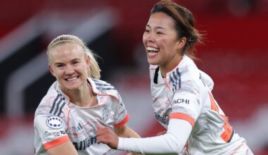 Momoko Tanikawa of Bayern Munich celebrates with Pernille Harder after scoring the winner at Manchester United