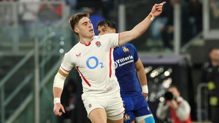 Tommy Freeman celebrates after scoring England's opening try in Rome