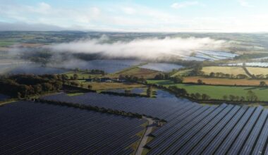 A vast solar farm set against a blue sky.