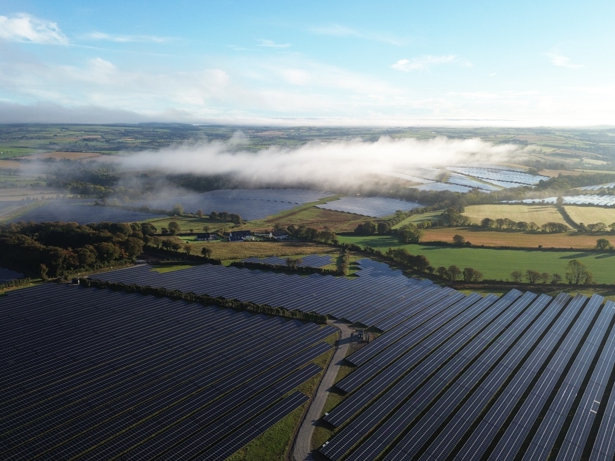 A vast solar farm set against a blue sky.