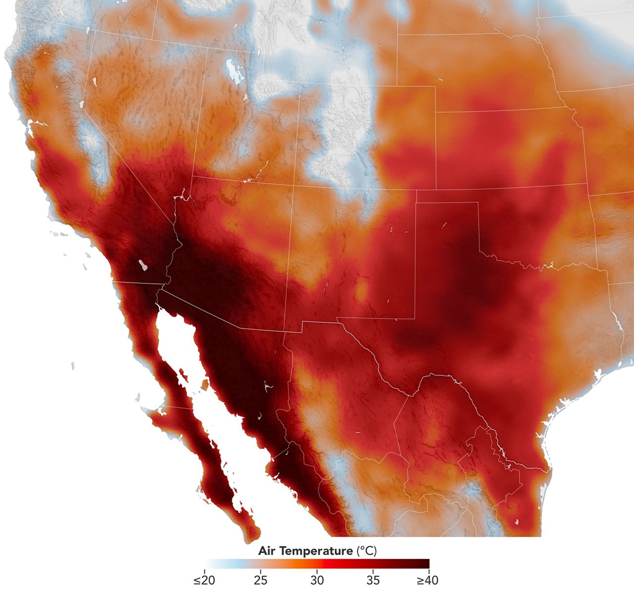 Dark red spanning several southwestern U.S. states and part of Mexico indicating where the region’s saw the highest temperatures.