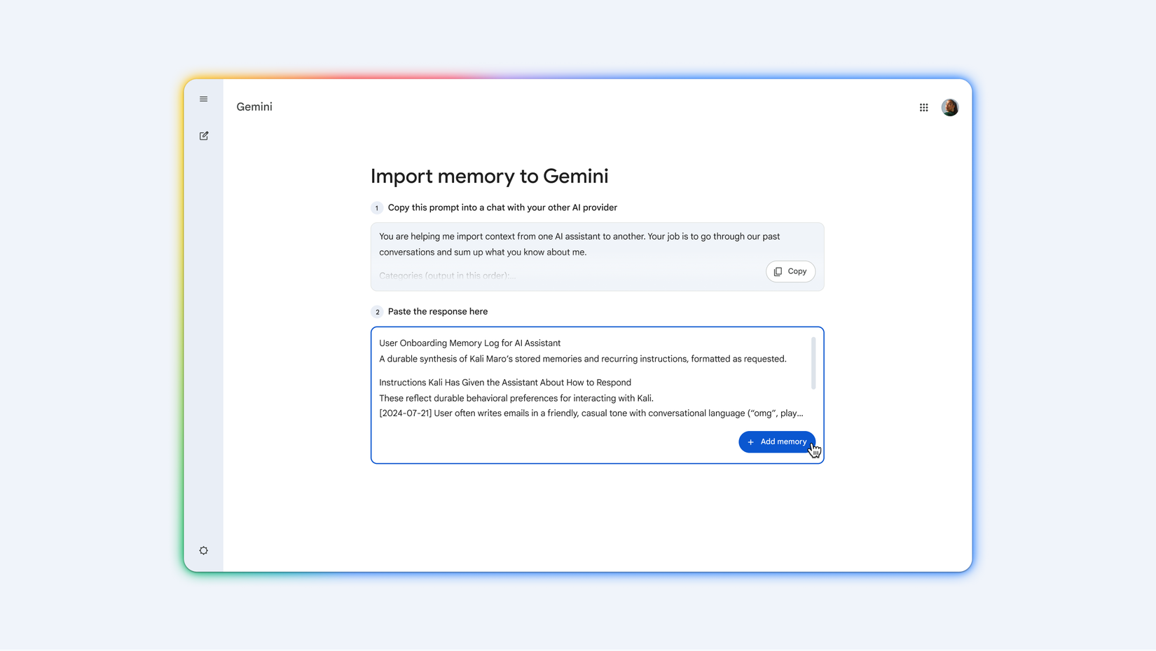 Importing memory into Gemini