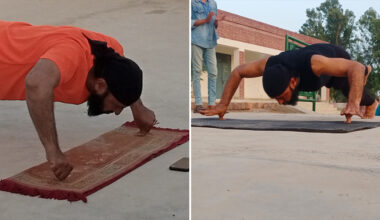 split image of Muhammad Arshad performing push-ups on his thumbs