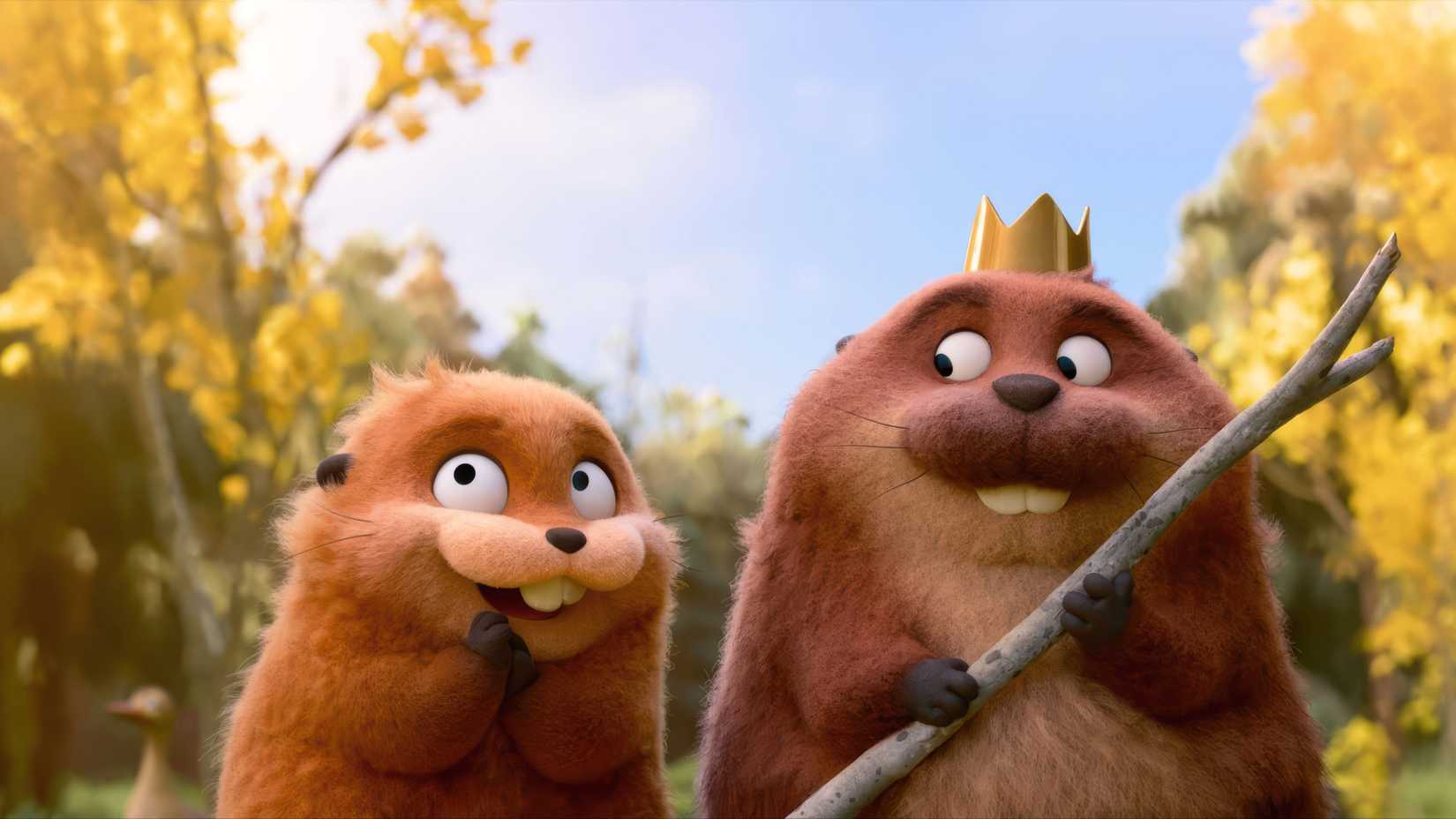 Two beavers looking happy and one wearing a crown in Hoppers