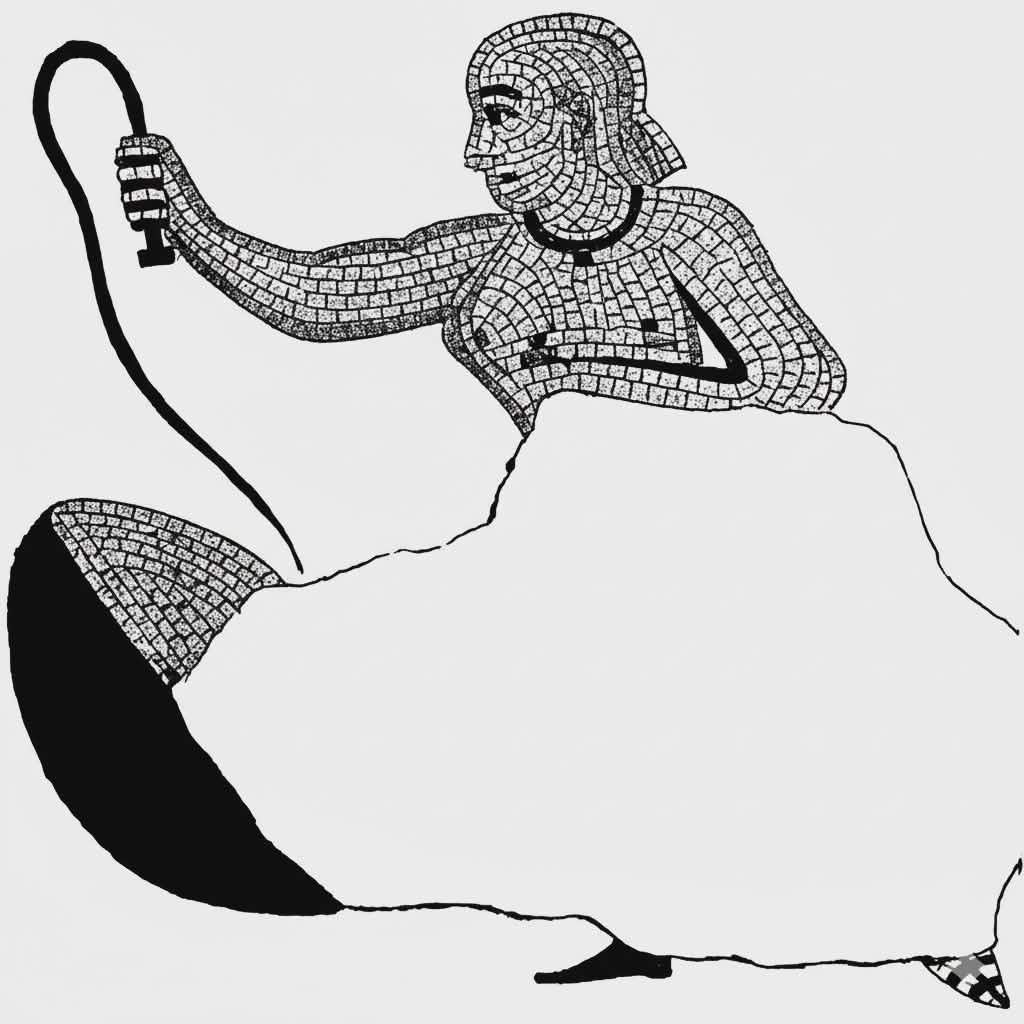 A black and white drawing of a woman wearing a white skirt holding a whip