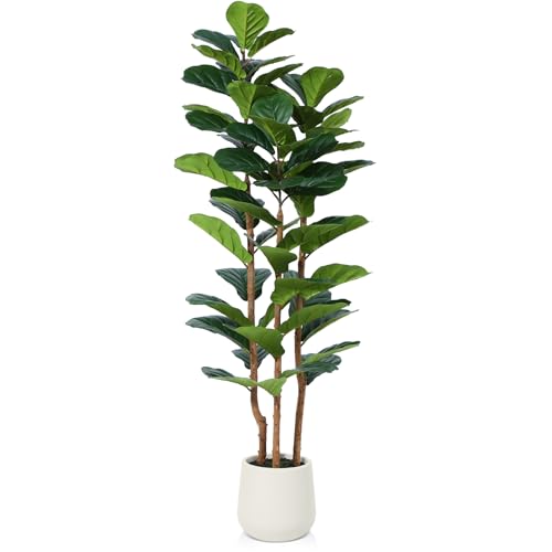 Oakred Artificial Fiddle Leaf Fig Tree With White Planter,5ft Tall Fake Tree With Natural Wood Trunk for Home Decor, Faux Ficus Tree Fake Moss for Indoor Office Living Room