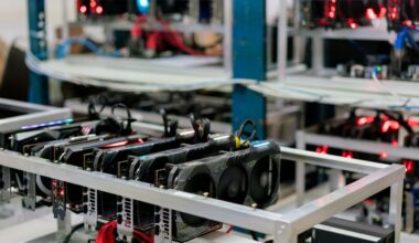 A rack of GPUs in operation.