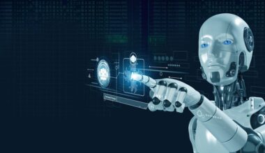 An AI-powered humanoid robot is pressing a virtual button.