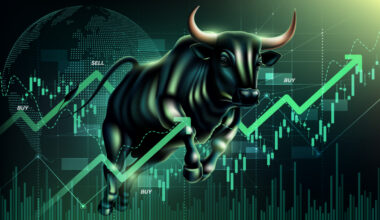 A green bull jumping over a stock chart.