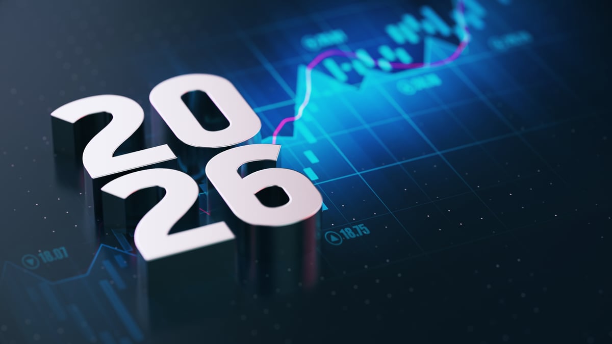 The year 2026 in bold letters over an upward-trending stock chart.