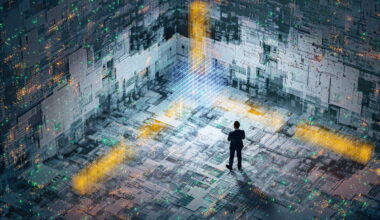 An investor in a suit is standing inside a massive enclosure of computer and networking equipment, illustrating the growing importance of artificial intelligence (AI) stocks.