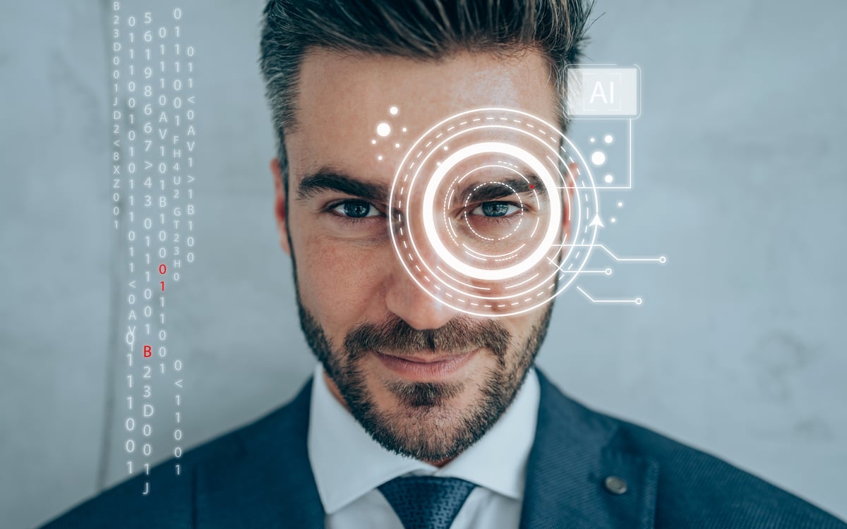 A digital circle and the label AI superimposed over a person's eye.