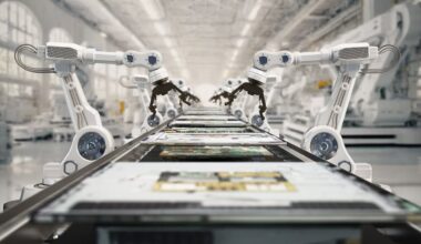 Robot arms work on an assembly line.